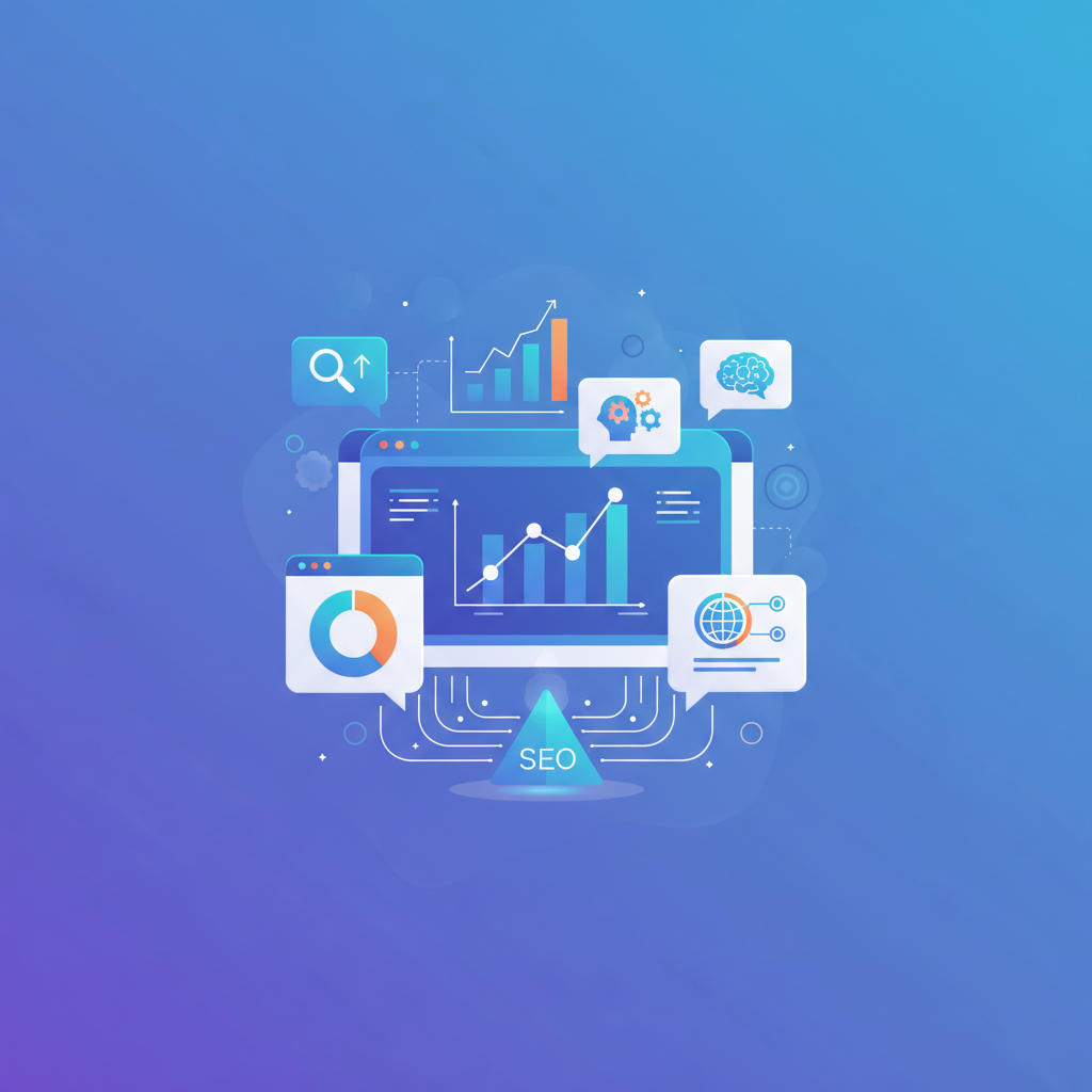 Illustration of a search analytics dashboard with conversation bubbles representing AI Mode query data in Search Console