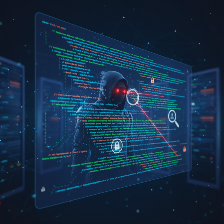 Editorial illustration of a website access log with a bot icon disguised as a legitimate crawler