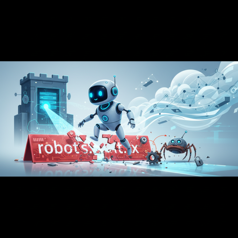Illustration representing a website's access-control file being bypassed by an AI browsing bot