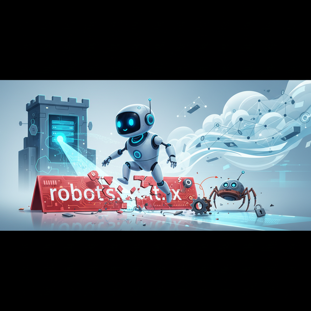 Illustration representing a website's access-control file being bypassed by an AI browsing bot