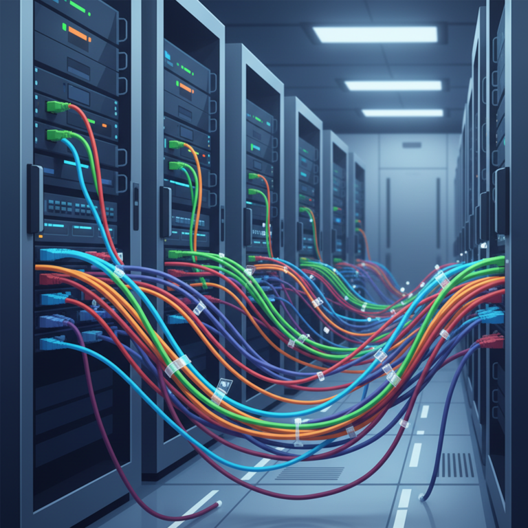 Rows of networking cables and server racks in a data center