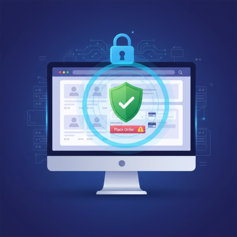 Illustration of an online storefront with a security shield icon, representing ecommerce platform patch management