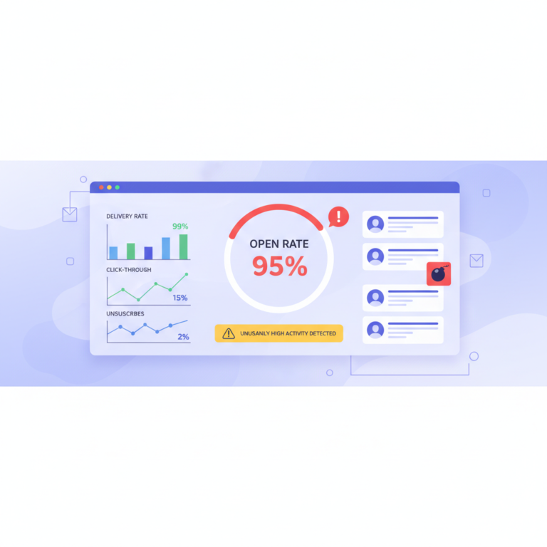 Editorial illustration of an email marketing dashboard showing an inflated open rate metric