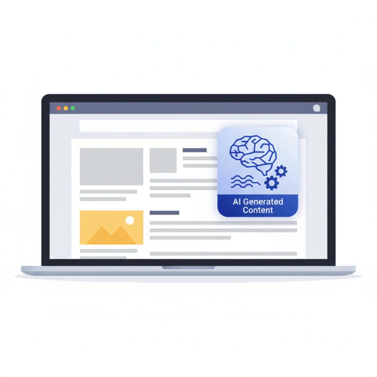 Illustration of a website page displaying an AI content disclosure label