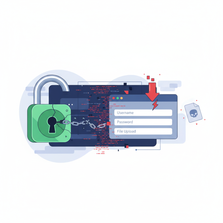 Editorial illustration of a WordPress upload form with a security warning, representing a file-upload vulnerability