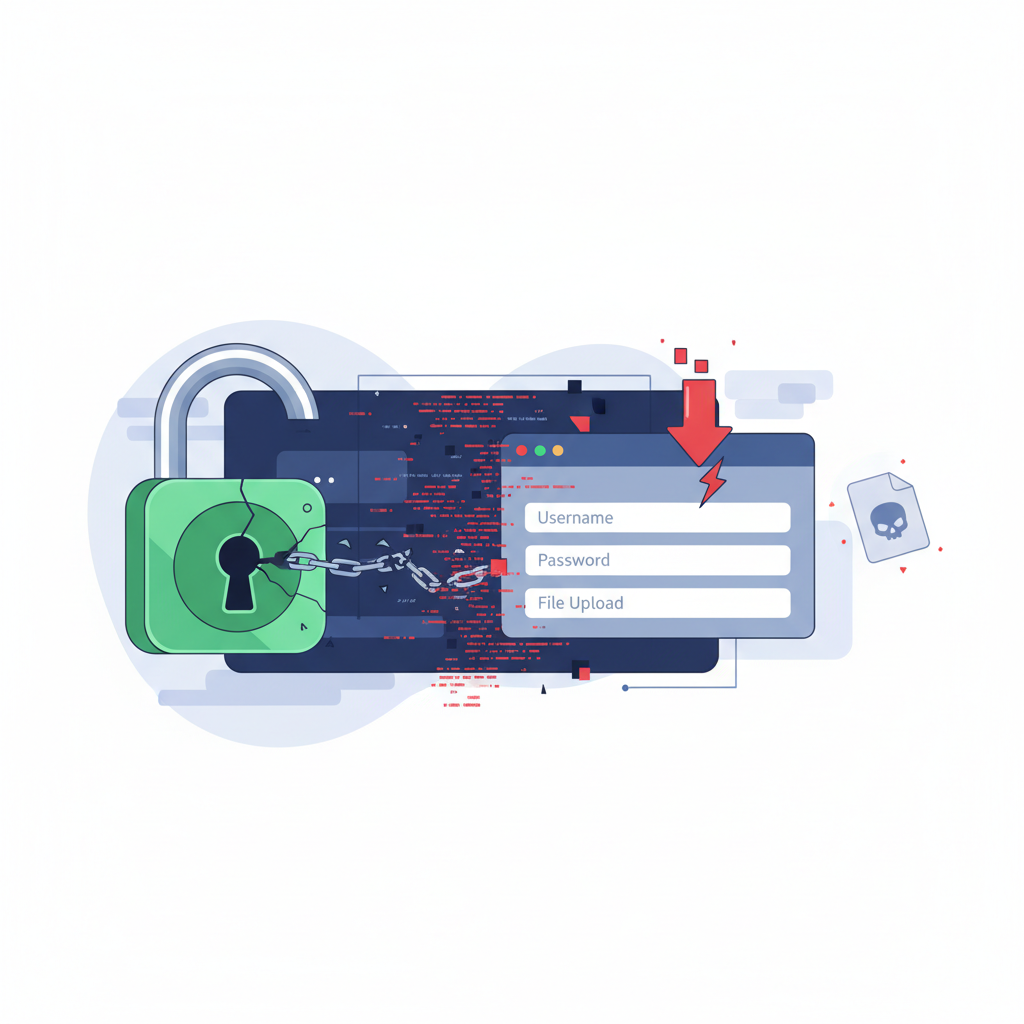 Editorial illustration of a WordPress upload form with a security warning, representing a file-upload vulnerability