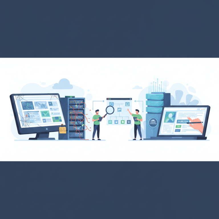 Editorial illustration of an old, neglected website being reviewed and updated