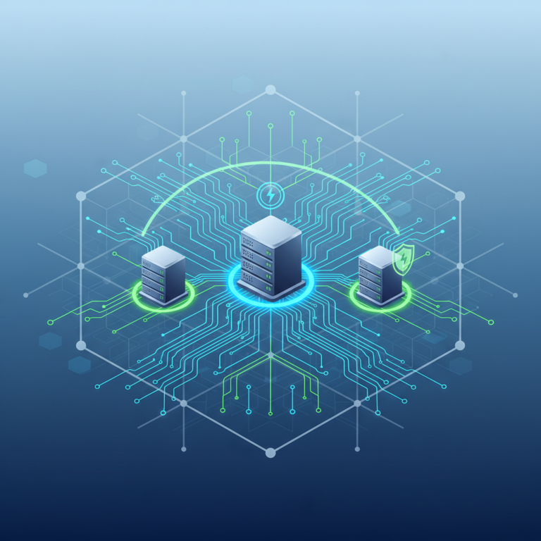 Illustration of redundant server infrastructure representing hosting failover and uptime resilience