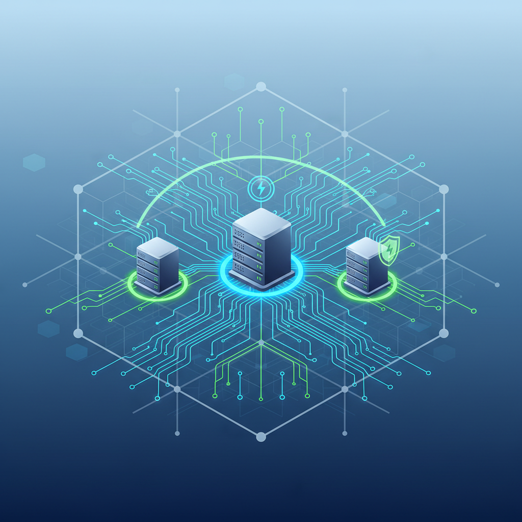 Illustration of redundant server infrastructure representing hosting failover and uptime resilience