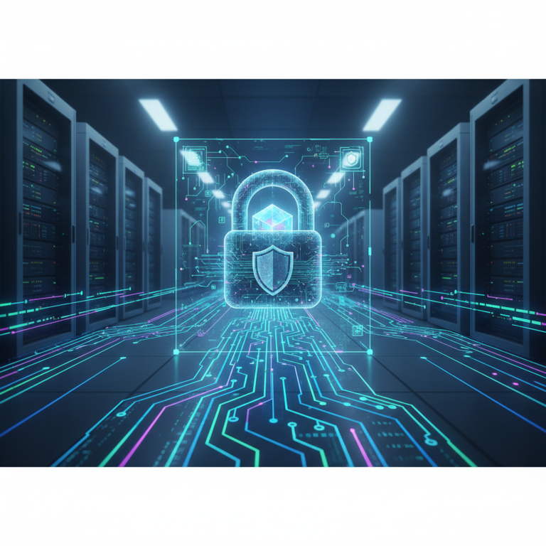 Illustration of a server rack with a padlock icon representing a patched software vulnerability