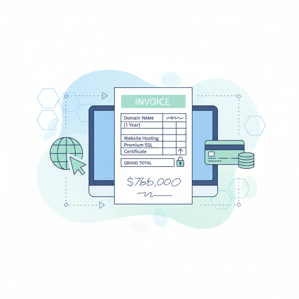 Illustration of a domain registration invoice and pricing chart representing registrar renewal costs