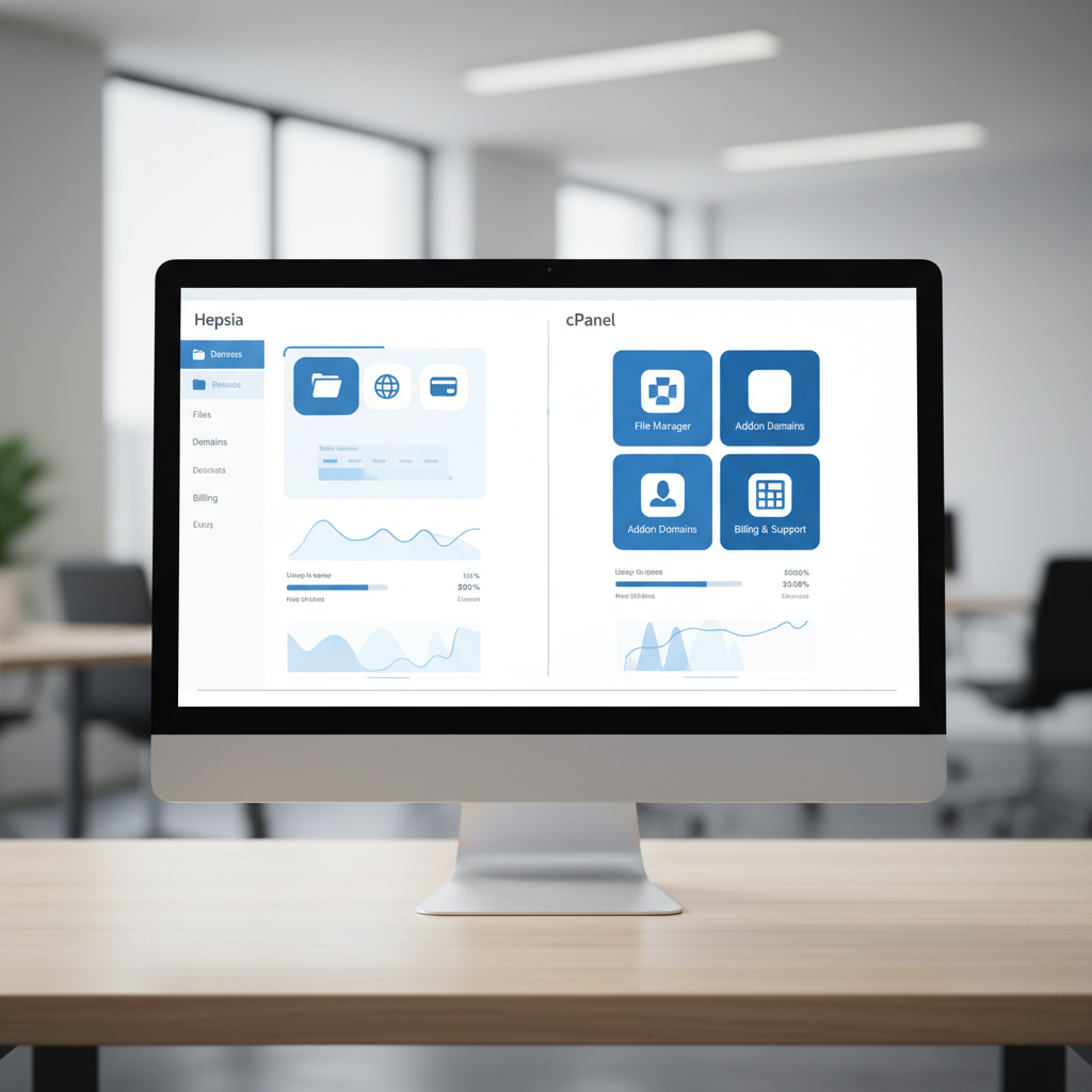 Illustration of a modern web hosting control panel dashboard interface