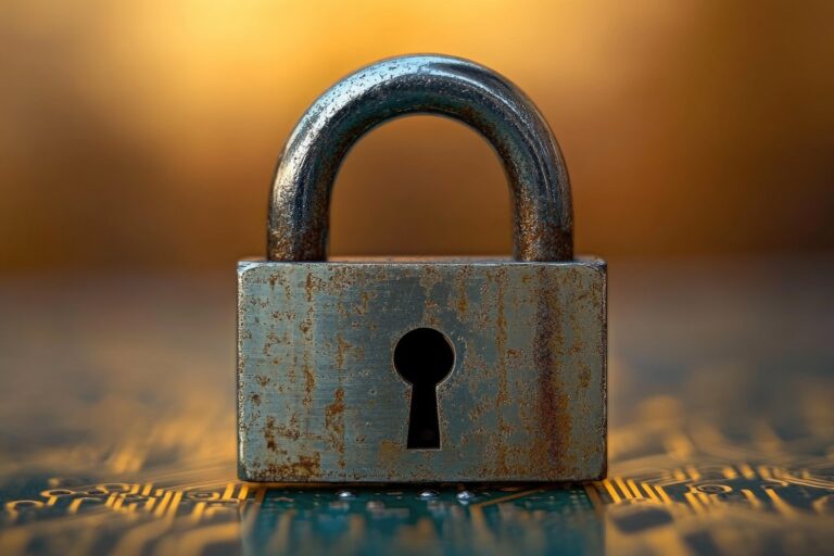 Digital padlock icon overlaid on a laptop screen showing code