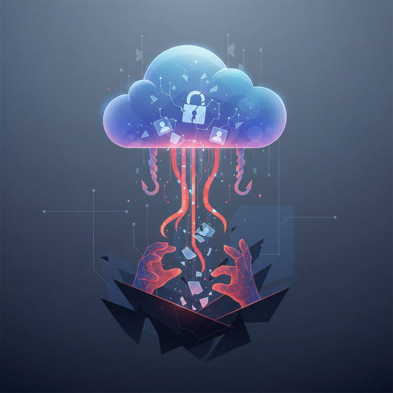 Editorial illustration of a cloud security vulnerability exposing stored credentials