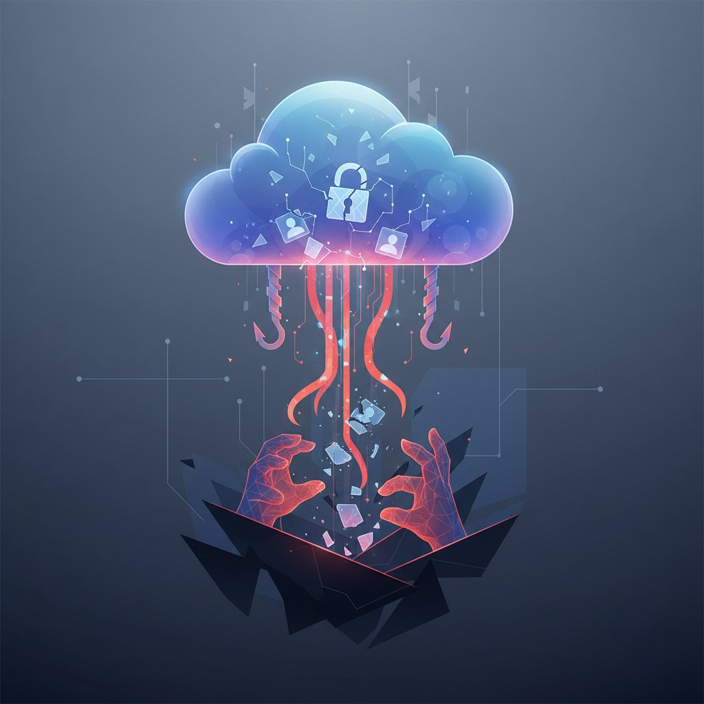 Editorial illustration of a cloud security vulnerability exposing stored credentials