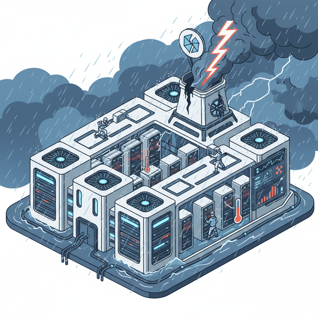 Illustration of a data center facility affected by a storm-related cooling system outage