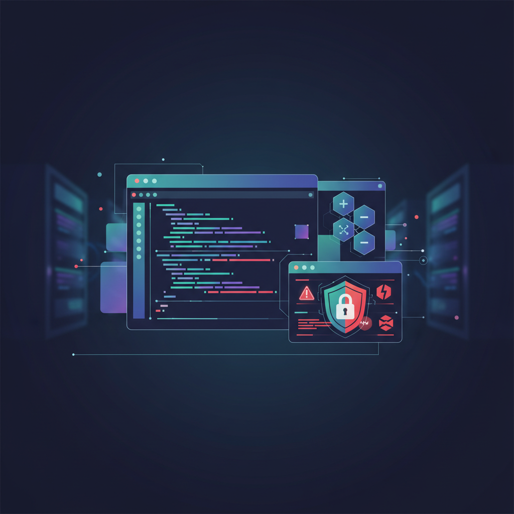 Illustration of a code editor and terminal window with a security warning over an npm package installation