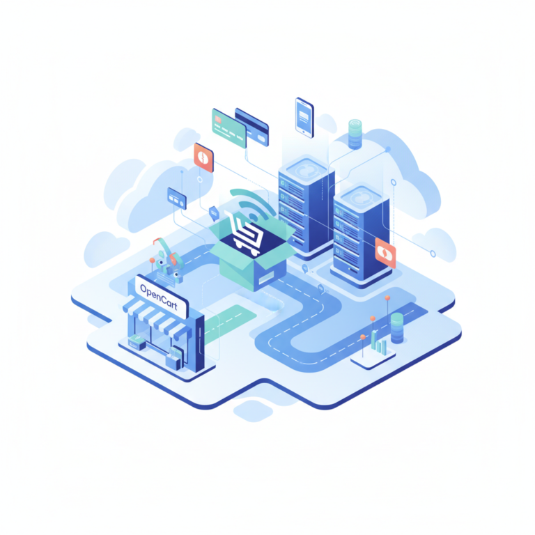 Editorial illustration of an online store connected to server hosting infrastructure (opencart hosting)