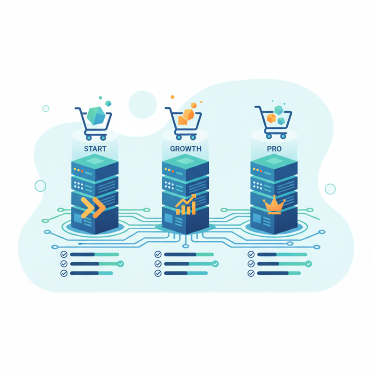 Editorial illustration comparing shared, cloud, and VPS hosting tiers for an online store (prestashop hosting plans)