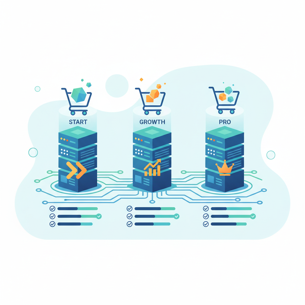 Editorial illustration comparing shared, cloud, and VPS hosting tiers for an online store (prestashop hosting plans)