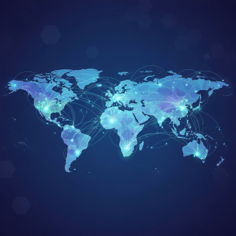 Illustration of a world map showing internet traffic flow between regional data center nodes