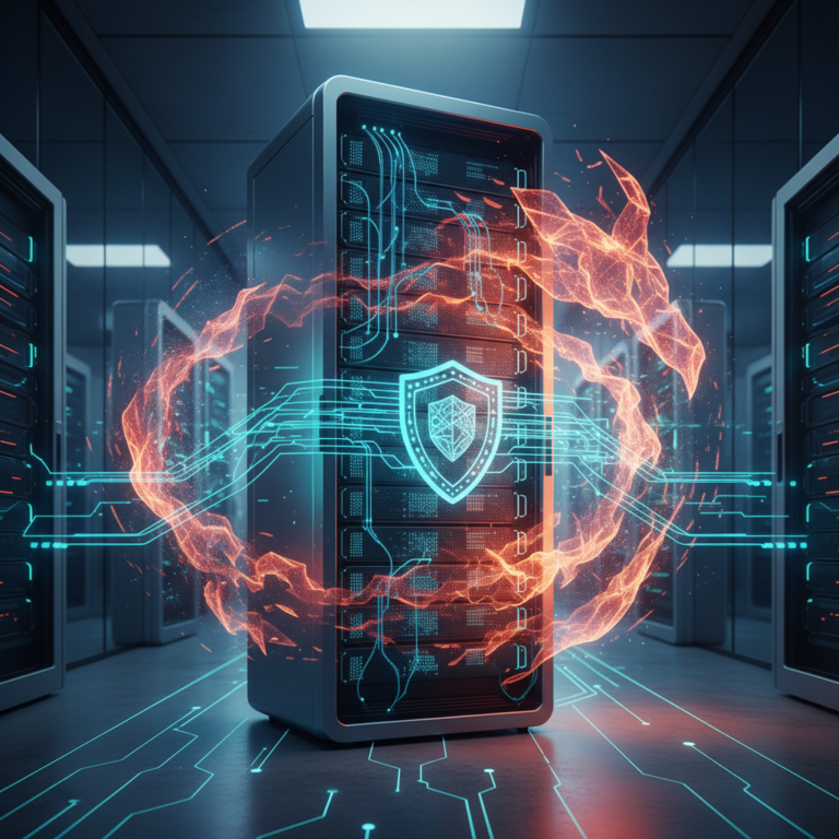 Illustration of a data center server rack with a security shield overlay representing threat protection