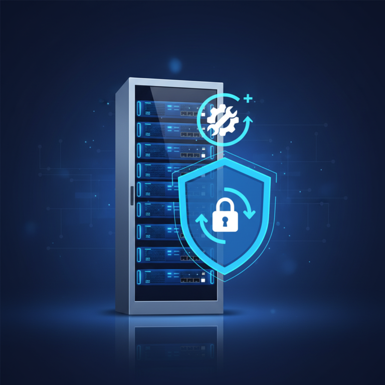Illustration of a server rack with a shield and update icon, representing Windows Server patch management