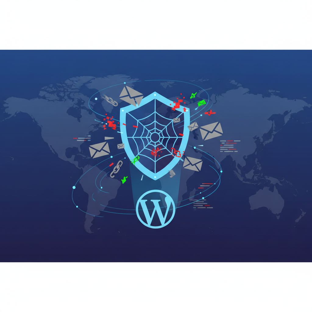 Illustration of a shield blocking spam messages, representing WordPress spam protection