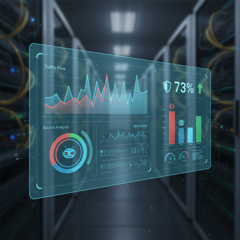 Dashboard illustration showing website traffic being analyzed for bot activity (AI bot traffic mistakes)
