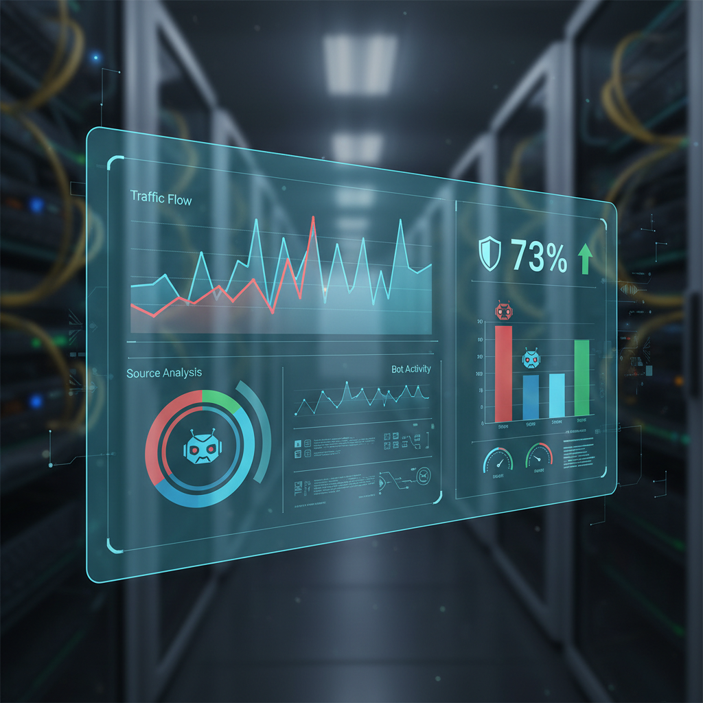 Dashboard illustration showing website traffic being analyzed for bot activity (AI bot traffic mistakes)