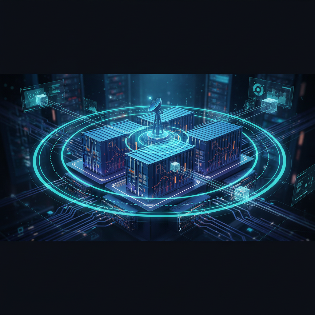 Illustration of server containers being scanned by a network radar sweep, representing Docker host security scanning