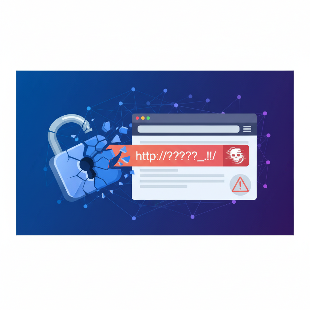Illustration of a broken padlock next to a browser link, representing a CSRF security vulnerability (elementor csrf)