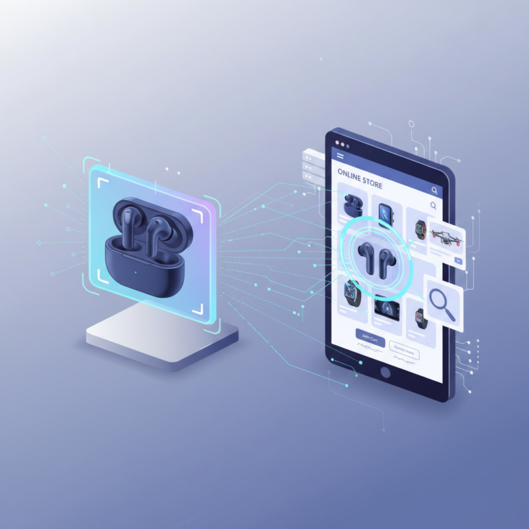 Illustration of a product photo being analyzed by visual search technology for an online store (image search filter)
