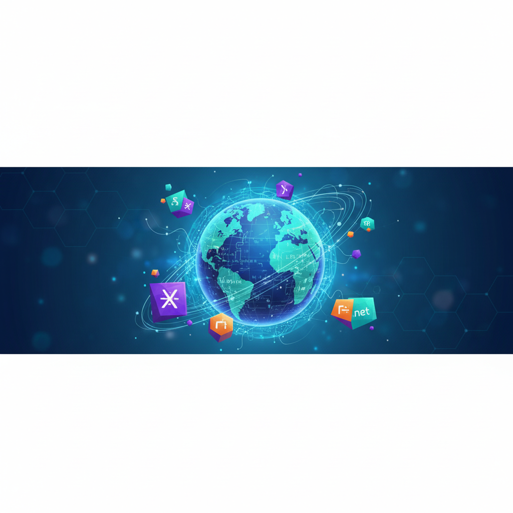 Illustration of a globe surrounded by different domain name extension labels, representing new top-level domains (reveal day)