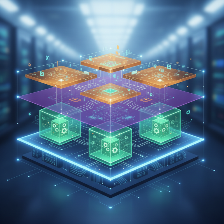 Abstract editorial illustration of isolated virtual server compartments inside a data center rack, representing VPS hypervisor isolation (vps isolation)