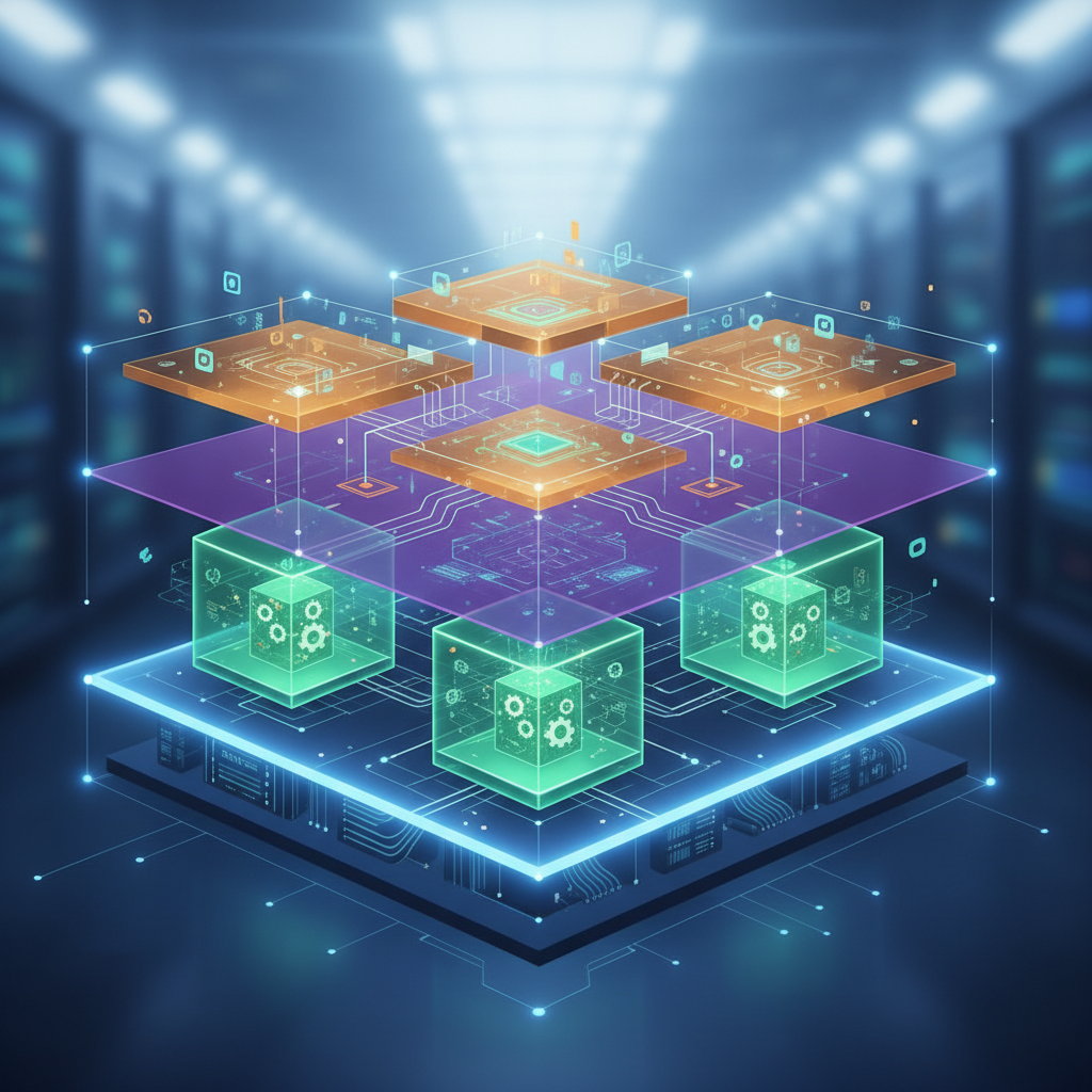 Abstract editorial illustration of isolated virtual server compartments inside a data center rack, representing VPS hypervisor isolation (vps isolation)