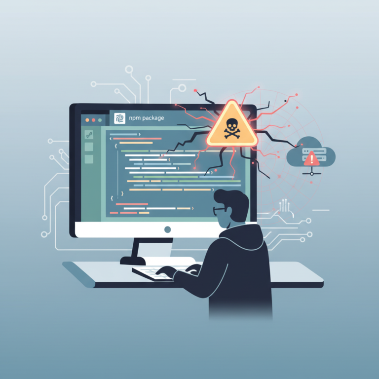 Illustration of a code editor flagging a suspicious npm package as malicious (malicious npm package)