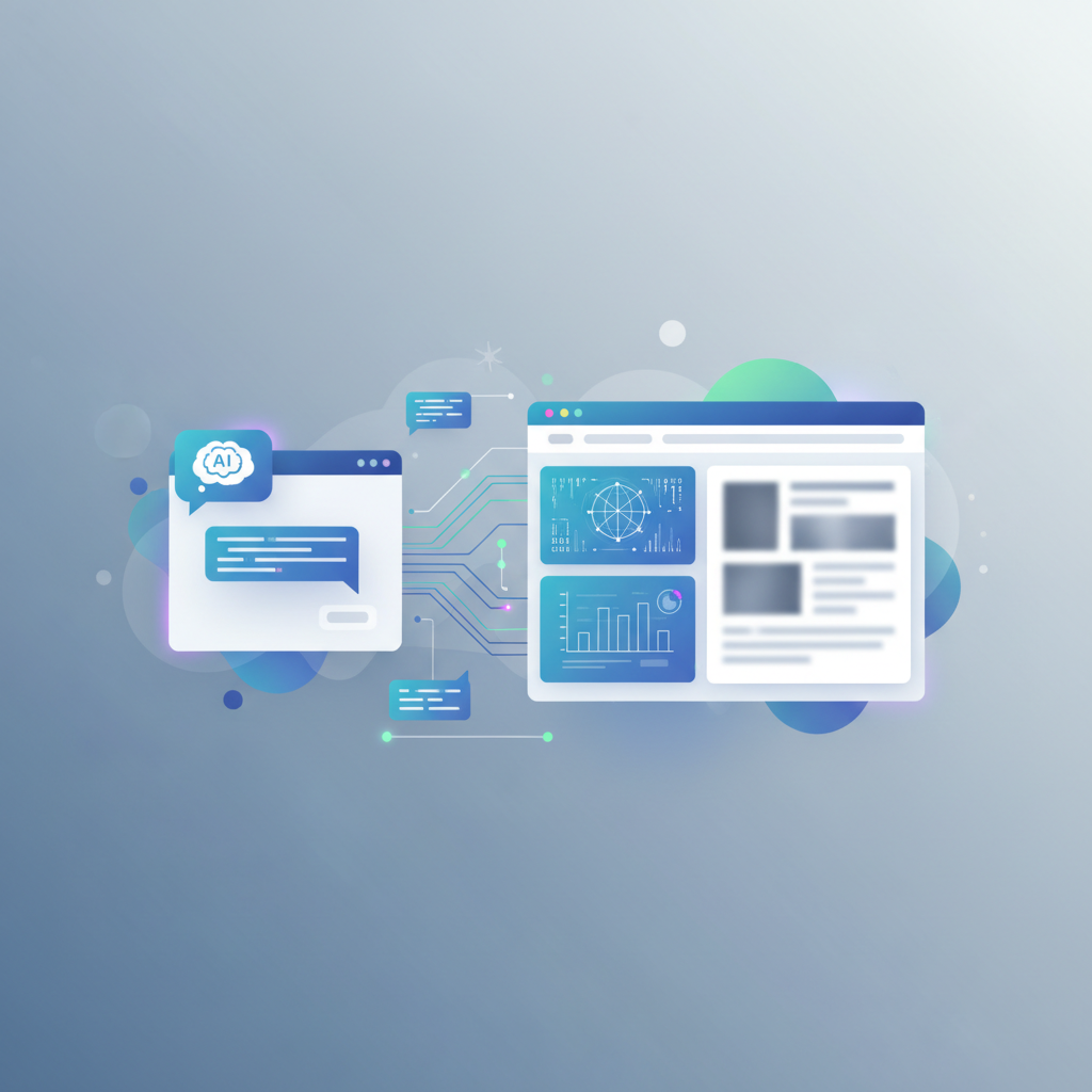 Illustration of an AI chat assistant connected directly to a WordPress dashboard (manage wordpress with chatgpt or claude)
