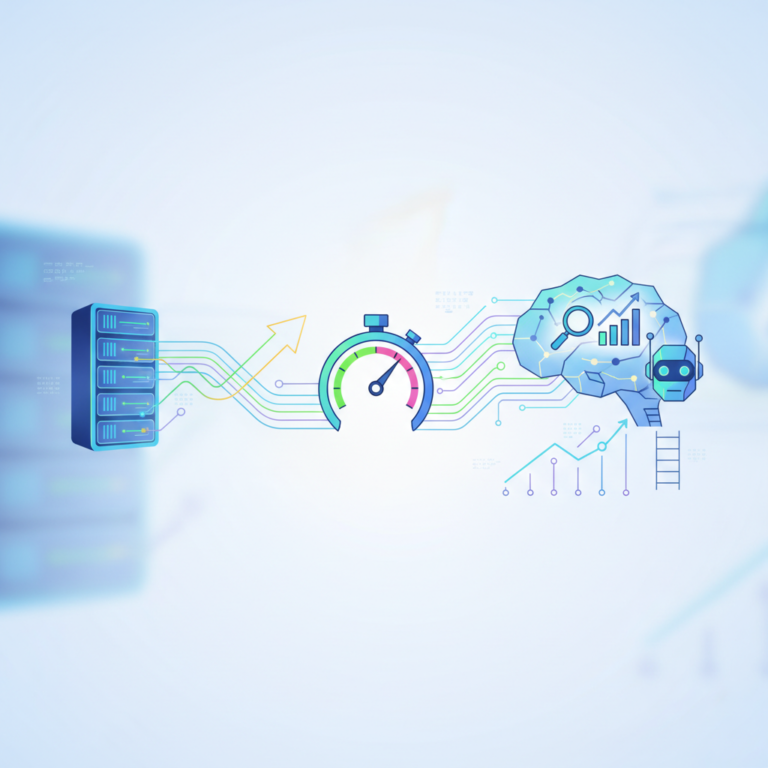 Illustration of a website being measured for speed and AI search visibility (optimize website for ai search)