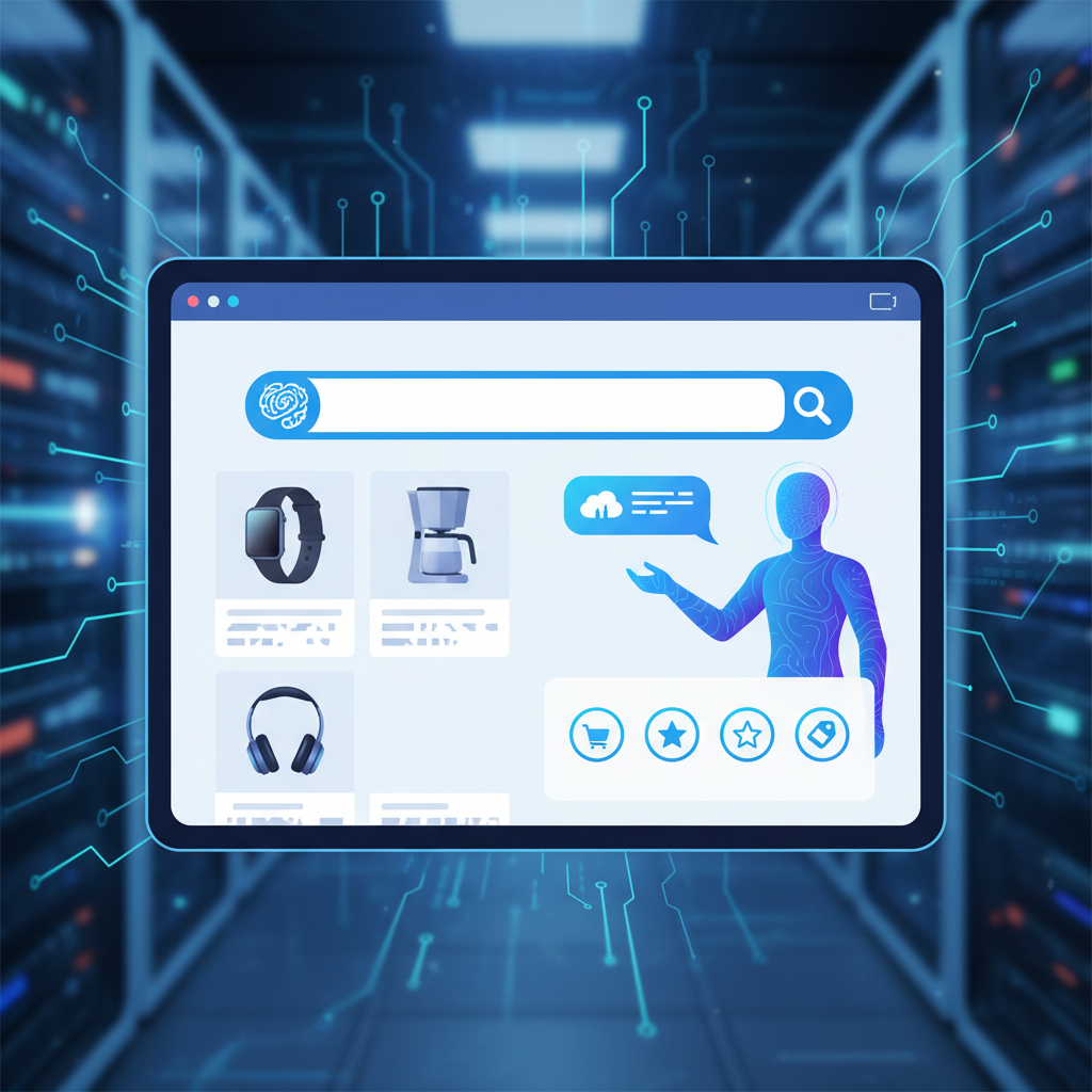 Illustration of an online store product listing being evaluated by an AI shopping assistant (ai shopping discovery)