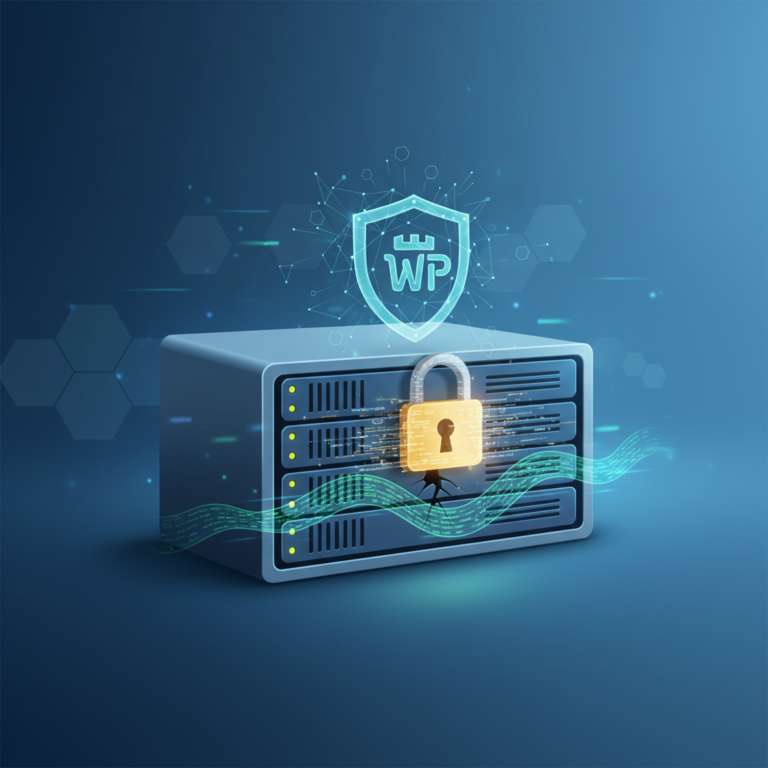 Illustration representing a WordPress security patch protecting a web server (cve-2026-87902)