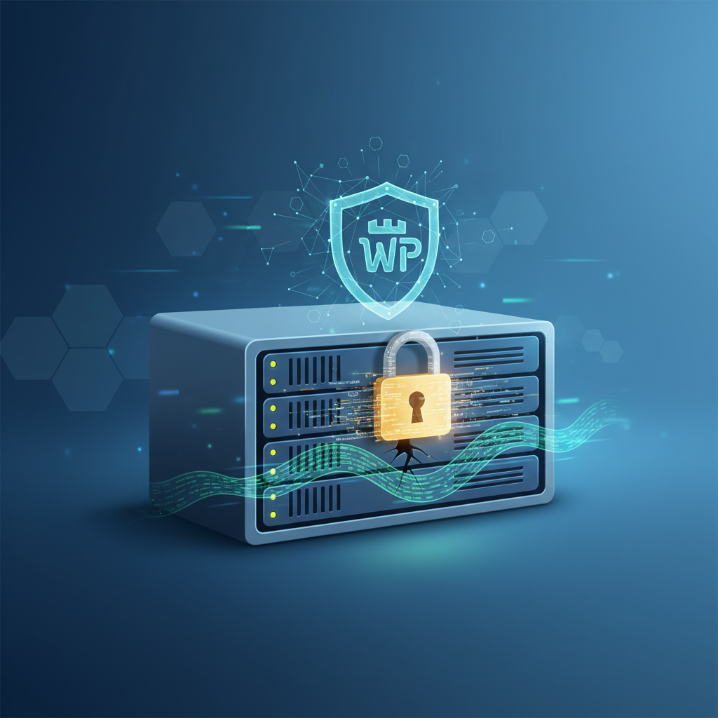 Illustration representing a WordPress security patch protecting a web server (cve-2026-87902)