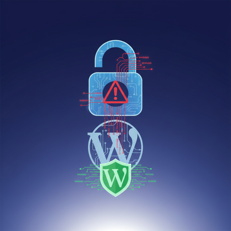 Illustration of a WordPress website with a security warning representing a critical plugin vulnerability (bricksforge)