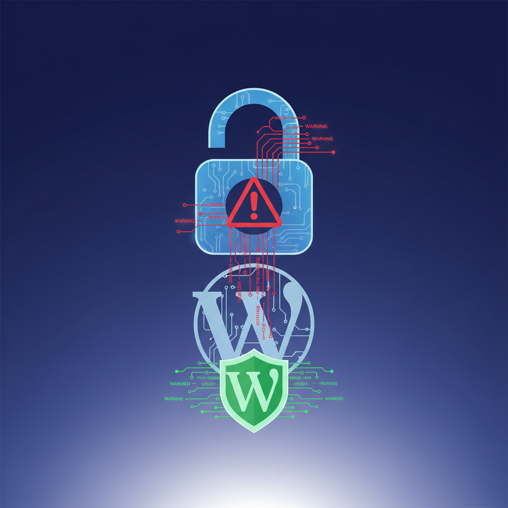 Illustration of a WordPress website with a security warning representing a critical plugin vulnerability (bricksforge)