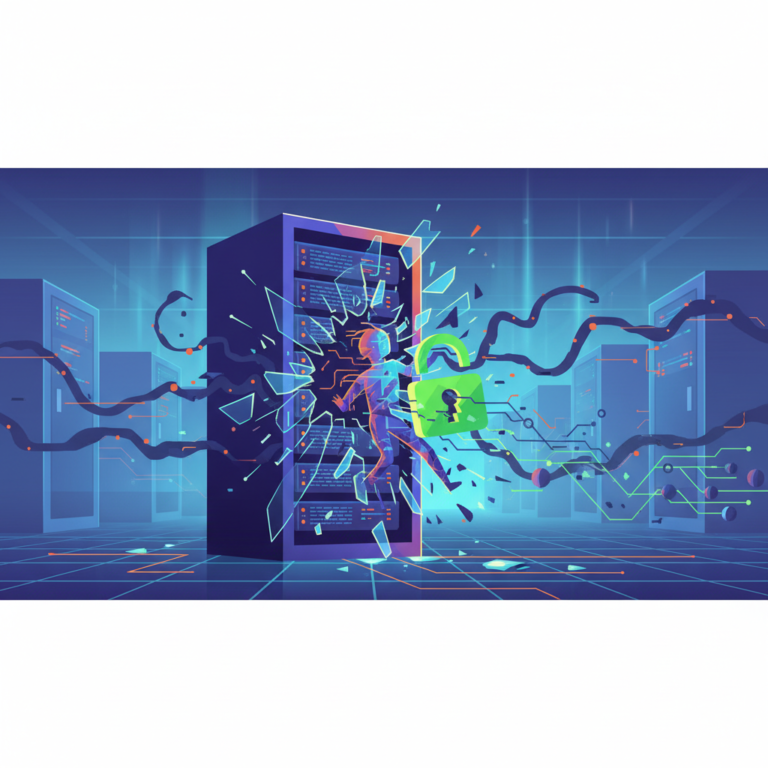 Editorial illustration of a data center storage array with a security alert icon representing a critical vulnerability (dell csm)