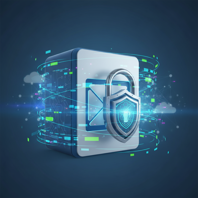 Illustration of an email server with a padlock icon, representing a mailbox access vulnerability (cve-2026-96940)