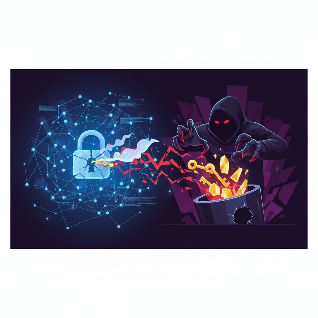 Illustration of a code repository with a security warning representing stolen API keys and credentials (ghostaction)