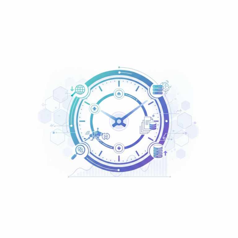 Abstract illustration of a search results page with a clock, representing Google crawling and indexing timelines