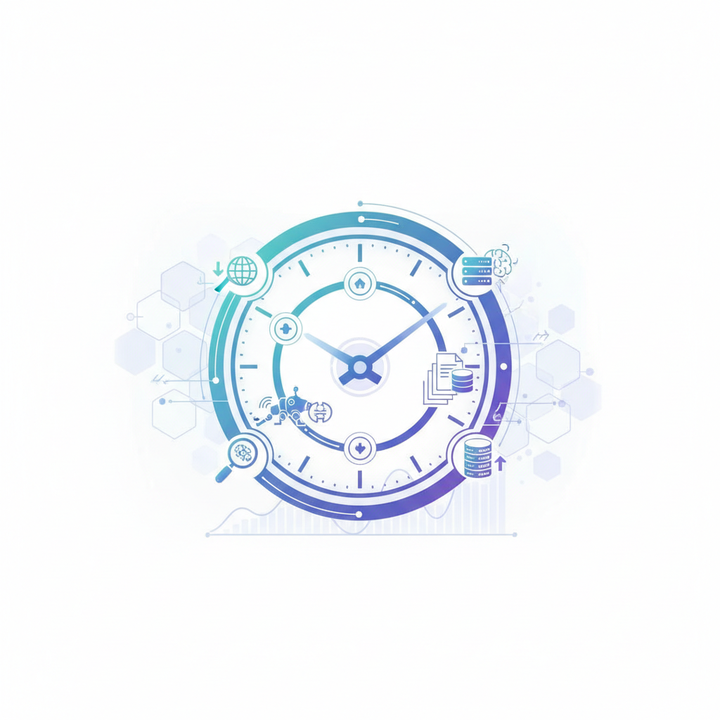 Abstract illustration of a search results page with a clock, representing Google crawling and indexing timelines