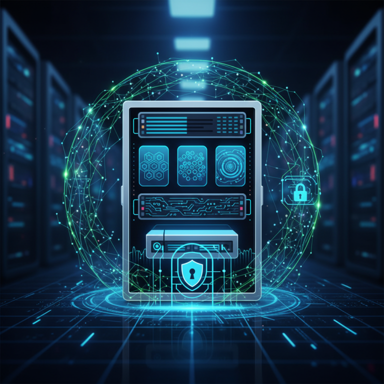 Illustration of server hardware with a digital security shield representing hypervisor isolation on a VPS (januscape)